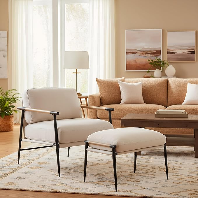 DUOMAY Mid Century Modern Accent Chair with Ottoman Set, Chenille Beige Upholstered Living Room Chair with Metal Legs Lazy Lounge Chair Set with Footrest for Bedroom Living Room