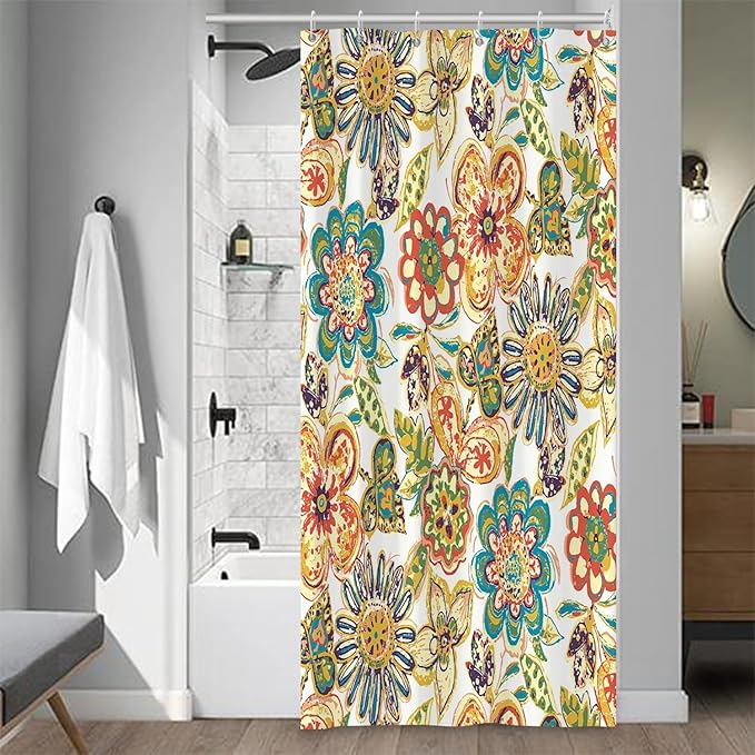 Boho Floral Bathroom Shower Curtain - Retro Funky Bohemian Flower Colorful Waterproof Durable Fabric Artistic Home Decor Shower Curtain with Hooks, 36x72 Inch