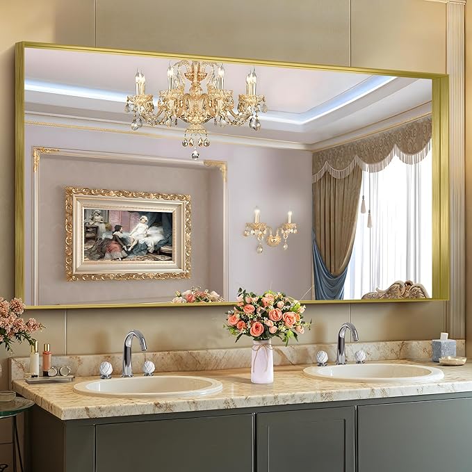 CIRCUMI Gold Bathroom Mirror, 30"x60" Rectangular Mirror with Deep Metal Frame, Brushed Finish, Tempered Glass, Large Mirror for Wall, Over 2 Sinks, Installed Vertically/Horizontally, Crystal-Clear