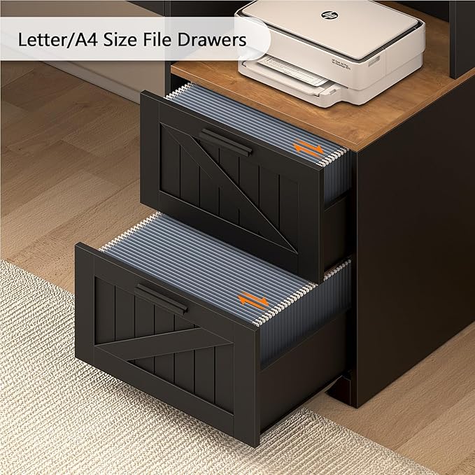 TVU Farmhouse L Shaped Desk with Drawers, 62.2" Home Office Desk with Storage Shelves and Power Outlet, L Shaped Computer Desk with Monitor Stand and Printer Shelf, Brown and Black