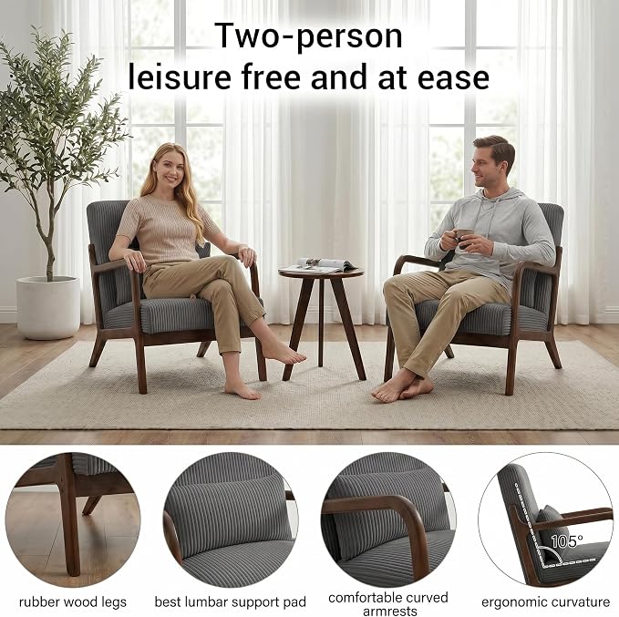 Mid Century Modern Accent Chairs Set of 2, Upholstered Corduroy Armchairs with Lumbar Pillows, Solid Rubberwood Frame for Living Room, Bedroom, Waiting Room,Dark Grey
