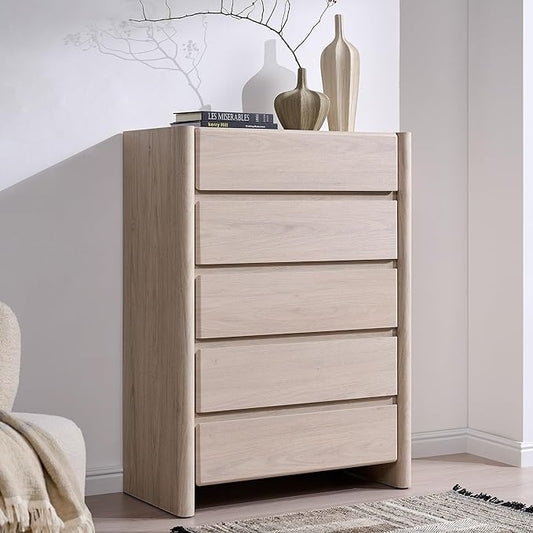 Modern 5 Drawers Dresser for Bedroom, 43" Tall Dresser & Chests of Drawers w/Rounded Corner, Wood Handleless Dresser w/Large Storage & Natural Texture for Bedroom, Living Room-Cream