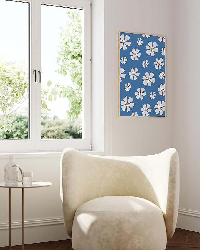 HAUS AND HUES Daisy Wall Art - Blue Floral Print, Aesthetic Flower Painting for Living Room Decor (Beige Frame, 24x36)