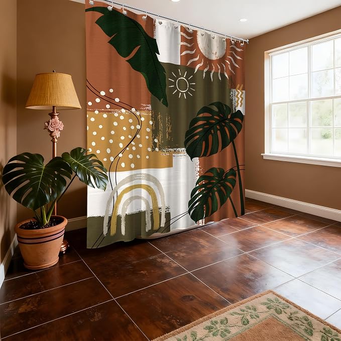 Small Stall Narrow Shower Curtain Mid Century Modern Stand Up Abstract Tropical Leaf Shower Curtains for Rv Camper Bathroom Decor Sets, Waterproof Cloth Fabric with Hooks, 48 x 72 Inch