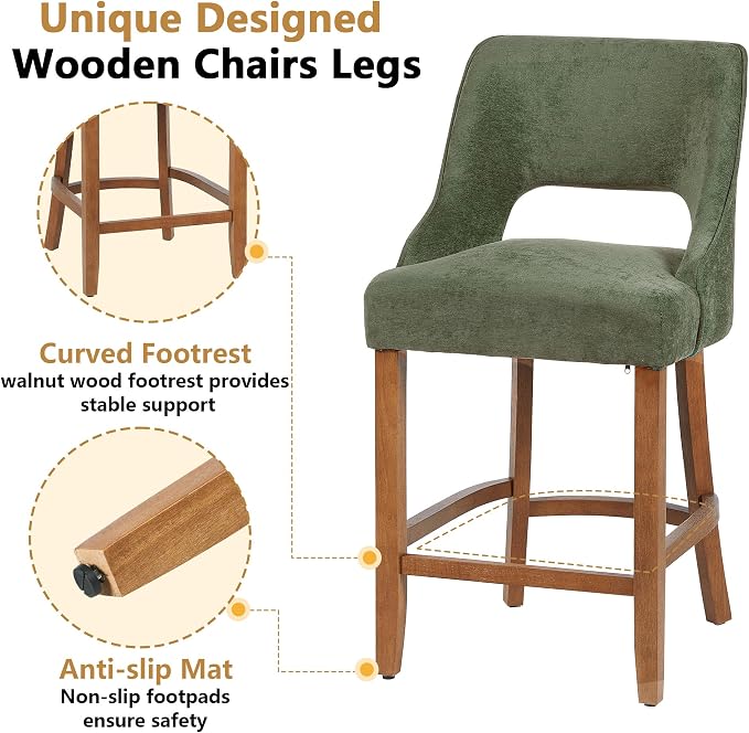 ClinQ Bar Stools Set of 4, 26" H Counter Height Bar Stools with Backs, Modern Upholstered Accent Barstools with Curved Footrest for Kitchen Island, Dining Room and Bar, Green-Walnut Legs