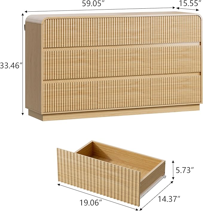 Oak Dresser Fluted 9 Drawers Dresser for Bedroom, 59" Wide Wood Chest of Drawers with Hidden Handles & Rounded Corners, Modern TV Stand Storage Cabinet for Living Room, Hallway, Entryway