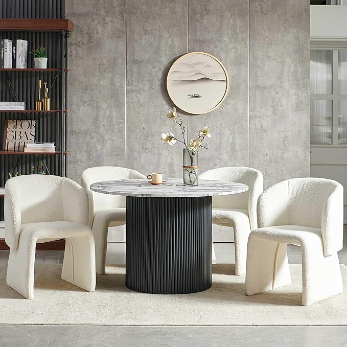 NORDICANA 5-Piece Round Dining Table Set for 4, Modern 47-Inch Kitchen Table and Chair Set, Dining Set with Off White Upholstered Armchairs, Manufactured Wood Top with White Marble Effect Finish
