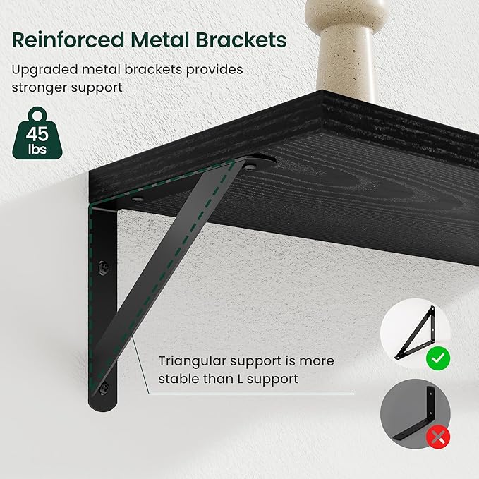 Floating Shelves, 8 Inch Deep Rustic Wood Wall Storage, 24W x 8D Wall Shelves Set of 2, Heavy Duty Metal Brackets, Industrial Book Shelf for Living Room, Kitchen, Bathroom, Bedroom, Black