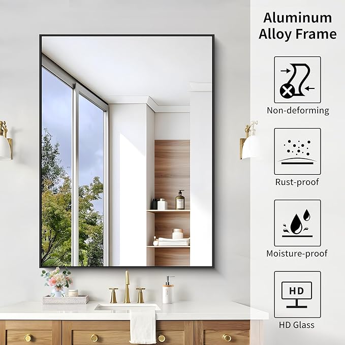 KOCUUY Black Mirror, 48"x36" Rectangle Bathroom Mirror for Over Sink, HD Tempered Glass, Anti-Rust Frame, Modern Design for Bathroom, Bedroom, Living Room, Entryway, Hang Horizontal/Vertical