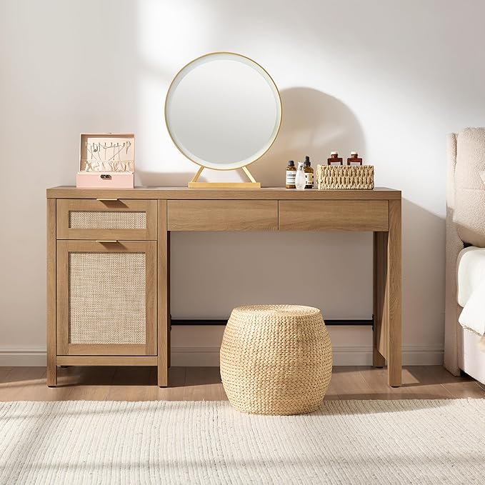 SICOTAS Office Computer Desk with 6 Drawers - Rattan Writing Desk with Storage Boho Wood Home Office Desks, Modern Executive Desk Study Table Vanity Desks for Bedroom, Living Room, Oak, 2PCS