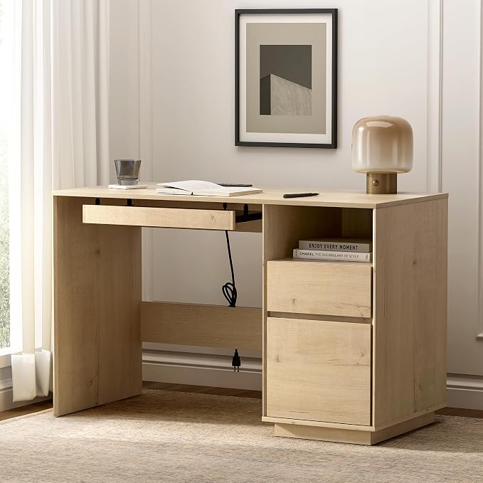 47" Executive Desk with File Drawer, Farmhouse Computer Desk with Charging Station and Open Storage Compartment Wooden Home Office Desk for Writing Study Working, Light Oak