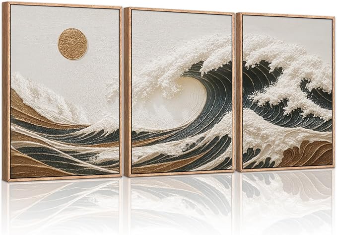 HLNIUC Sea Wave Framed Canvas Wall Art,Abstract Sun Seascape Wall Decor Set of 3(16”x24”) Large Modern Ocean Beach Art Print,Great Wave Sunset Pictures Canvas Painting for Living Room,Bedroom