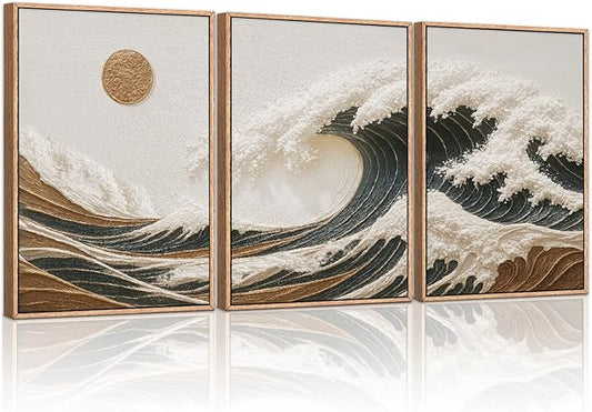 HLNIUC Sea Wave Framed Canvas Wall Art,Abstract Sun Seascape Wall Decor Set of 3(16”x24”) Large Modern Ocean Beach Art Print,Great Wave Sunset Pictures Canvas Painting for Living Room,Bedroom