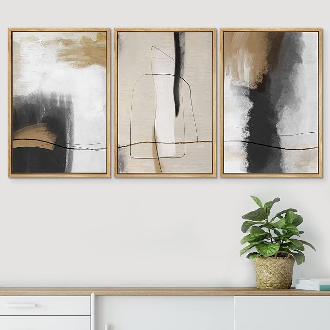 SIGNWIN Framed Canvas Print Wall Art Set Geometric Line Brown Black Pastel Color Field Abstract Shapes Modern Art Colorful for Living Room, Bedroom, Office - 16"x24"x3 Natural