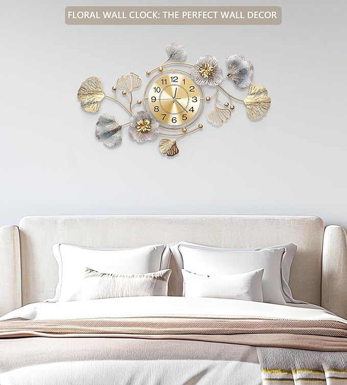Clocks for Living Room, Large Wall Clock, 3D Silent Wall Clock, Retro Metal Ginkgo Leaf Design, for Bedroom Kitchen Decorative Wall Clocks（35''x20'' ）