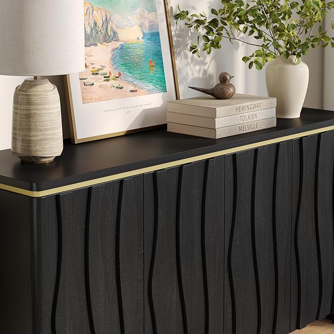 Vabches Fluted Buffet Cabinet with Storage, 3D Ripple Pattern Doors and Curved Edges, Modern Sideboard for Kitchen, Entryway, 4 Doors & Adjustable Shelf, Black, 57.9" W