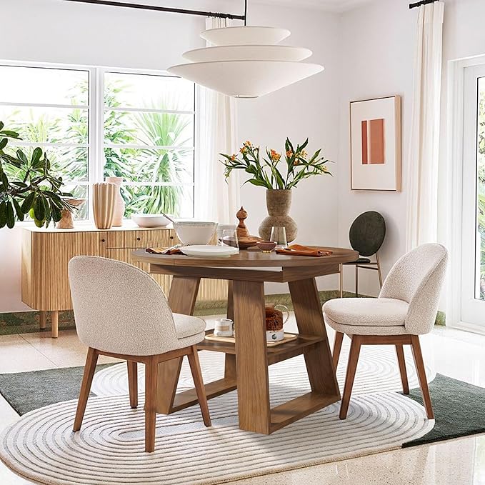 43.3in-59in Extendable Round Dining Table for 4-8, Modern Kitchen Oval Dining Table with Removable Leaves Space Saving, Wood Base with Storage Shelf for Kitchen Living Room, Walnut Style 2