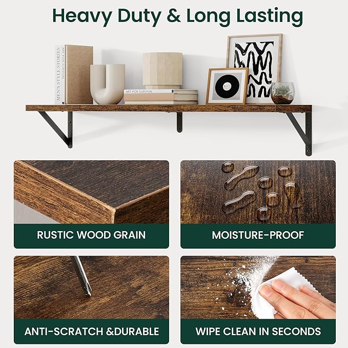 Floating Shelves, 8 Inch Deep Rustic Wood Wall Storage, 24W x 8D Wall Shelves Set of 2, Heavy Duty Metal Brackets, Industrial Book Shelf for Living Room, Kitchen, Bathroom, Bedroom, Brown