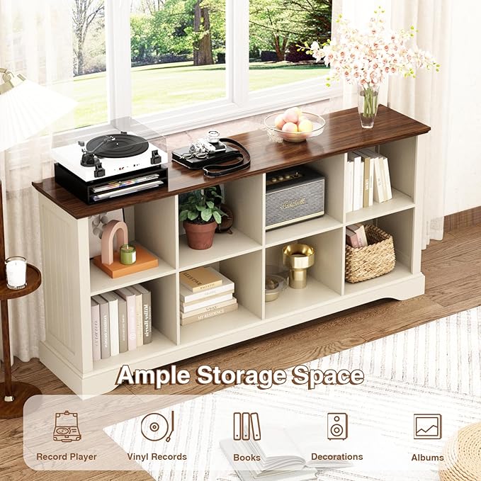 8 Cube Storage Organizer - 62" Long Farmhouse Wood Low Bookshelf, Horizontal Open Shelf Bookcase Cubby Storage Console Cabinet for Living Room, Entryway, Office, Antique White