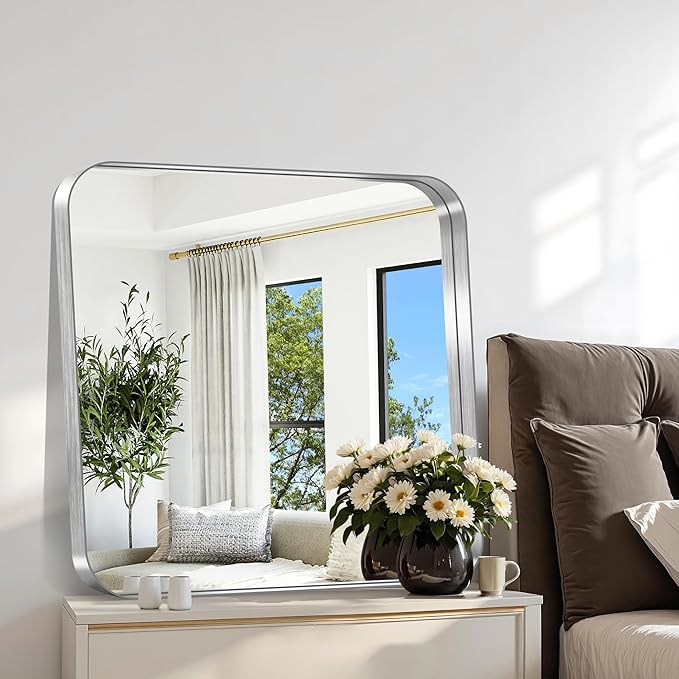 CIRCUMI Silver Bathroom Mirror, 30"x30" Rectangular Mirror with Deep Metal Frame, Rounded Corner, Tempered Glass, Square Mirror for Wall, Oversink, Bedroom, Living Room, Vanity, Entryway,Crystal-Clear