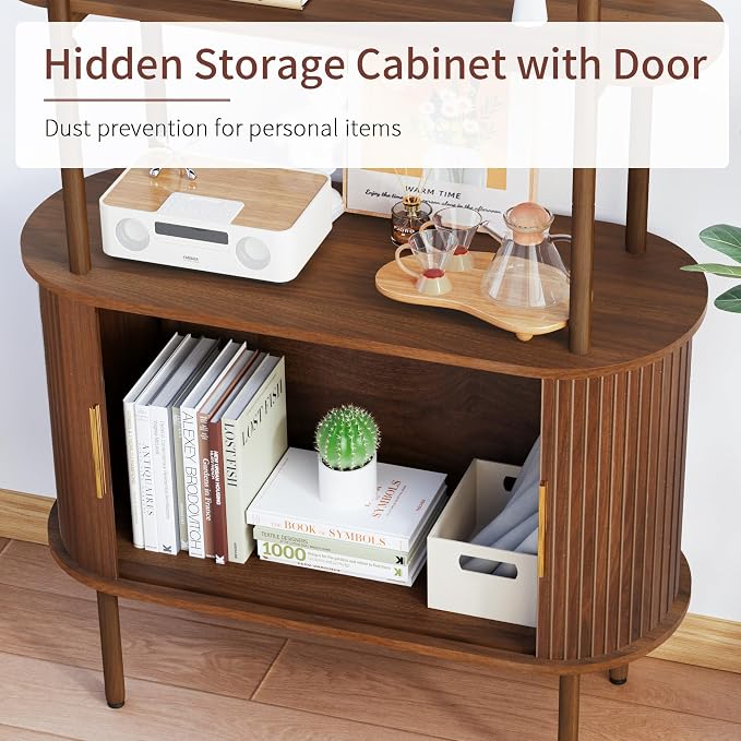 71" Tall Arched Bookshelf with Storage Cabinet, Mid Century Modern Bookcase Cabinet, Curved Frame Bookcase, Industrial Storage Display Shelving for Living Room, Bedroom, Home Office (Walnut Brown)