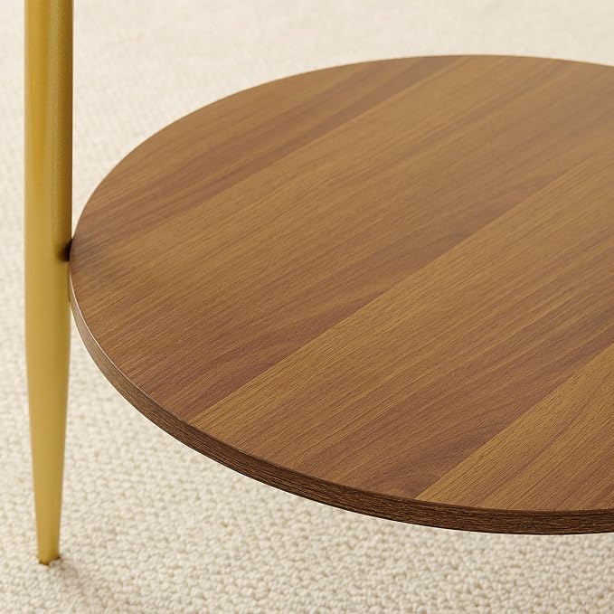 Round End Table, Mid-Century Modern Design, D20*H23 inch, for Living Room, 2-Tier Structure, Clear Glass Top and Walnut MDF Shelf, Sleek Conical Metal Legs with Gold Finish