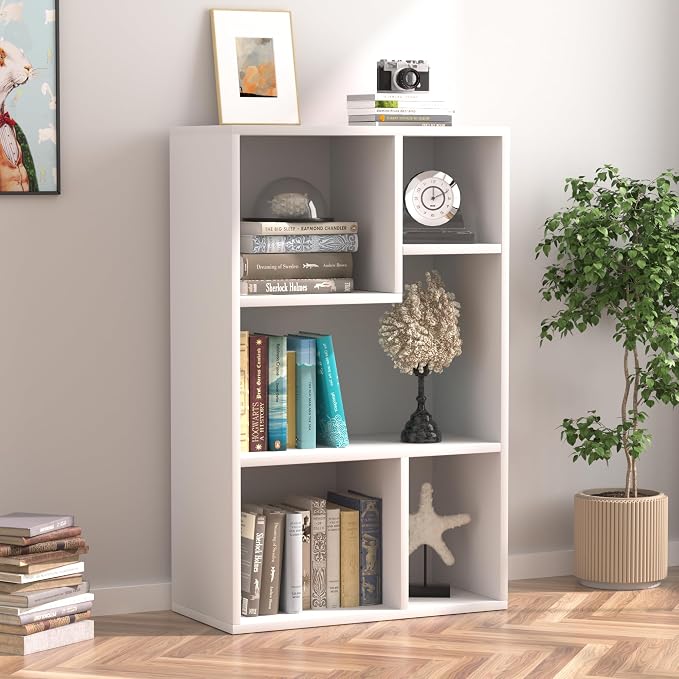 VECELO 5 Cube Modern Bookcases, 3 Tier Bookshelves, 31 Inch High Cubby Storage Organizer, Shelf Hight Up to 12.8 Inches Suit for Most Books, Vertical or Horizontal Use Available,Pearl White