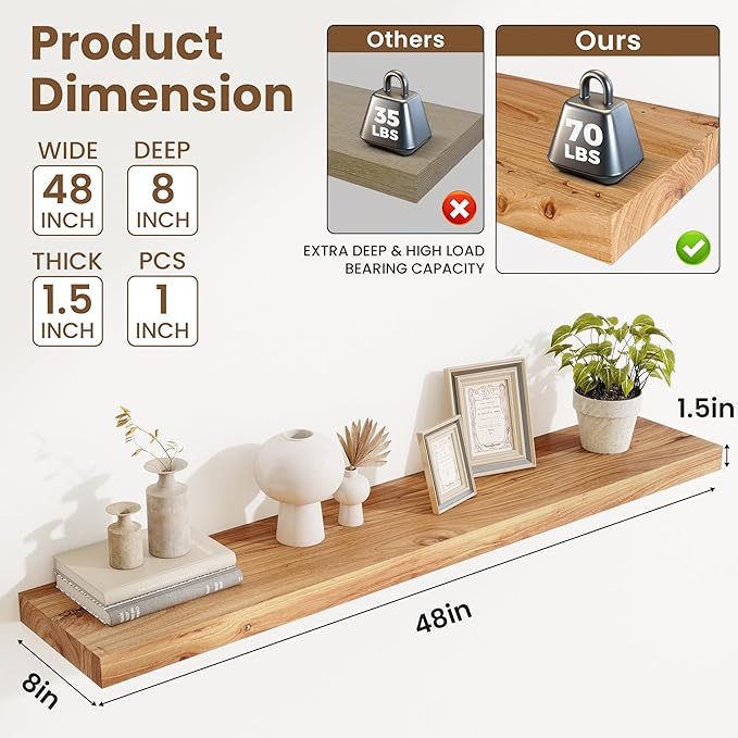 Extra Deep 48" Long Rustic Solid Wood Floating Shelves for Wall, Wall Shelves with Invisible Bracket for Living Room Bathroom Bedroom Kitchen, Set of 1, Walnut