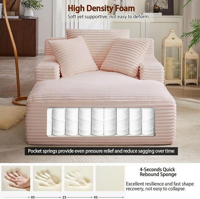 50 Inch Oversized Chaise Lounge Chair, Corduroy Upholstered Sleeper Sofa Bed with Spring Cushion, No Assembly Lazy Boneless Chaise Lounge for Bedroom Office, Pink