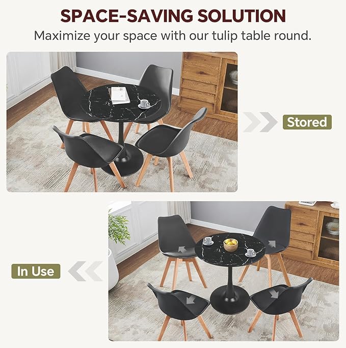Round Dining Table 27.5" Faux Marble Black Tulip Table with Pedestal Base for 2-4 People Small Space - Kitchen Living Room Cafe