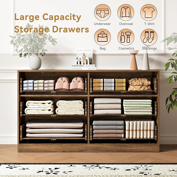 6 Drawers Fluted Dresser for Bedroom, 55" Wide Wooden Dresser with Deep Drawers, Large Floor Chest of Drawers, Modern Long TV Stand, Storage Cabinet Side Table, Walnut