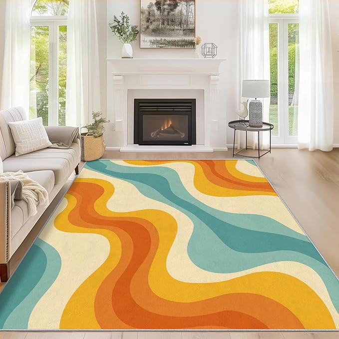 Retro Wavy Rugs for Home Decor, 4x5 ft, Abstract Waves Area Rugs for Living Room, Soft Non Slip Washable 70s Groovy Carpet Bedroom Decorations Dt-Ghf-69