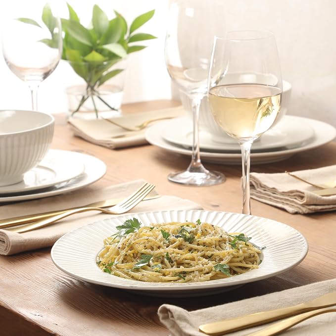 Gibson Elite Soleil 12 Piece Linen White Stoneware Dinnerware Set for 4, Plates and Bowls Set with Dinner Plates, Salad Plates and Bowls