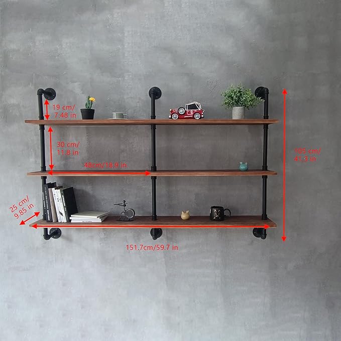 HDDFER Floating Shelves for Wall Bookshelf Industrial Pipe Shelving Shelves Natural Wood Planks 60 inch Rustic Wall Shelves Hanging Bookshelves Farmhouse Kitchen Shelving