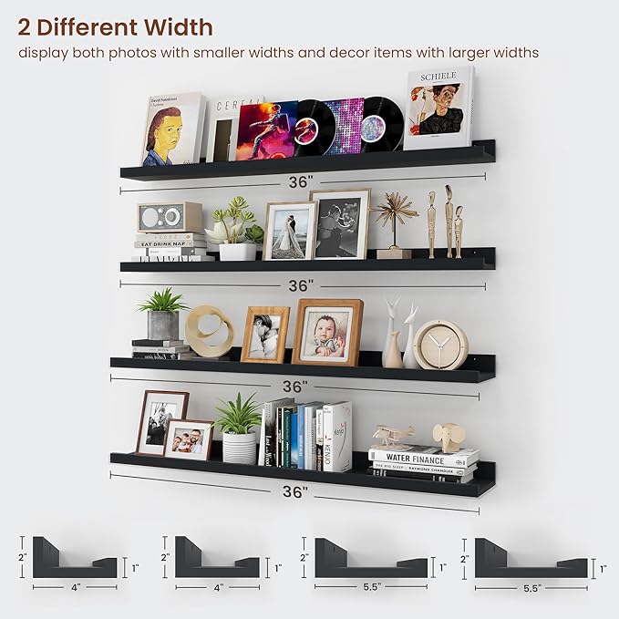 Axeman Picture Ledge Shelf | 36 Inch Black Floating Shelves Set of 4 | Rustic Wood Wall Shelves with Lip | 36" Black Picture Shelves for Wall with Ledge | Photo Shelves