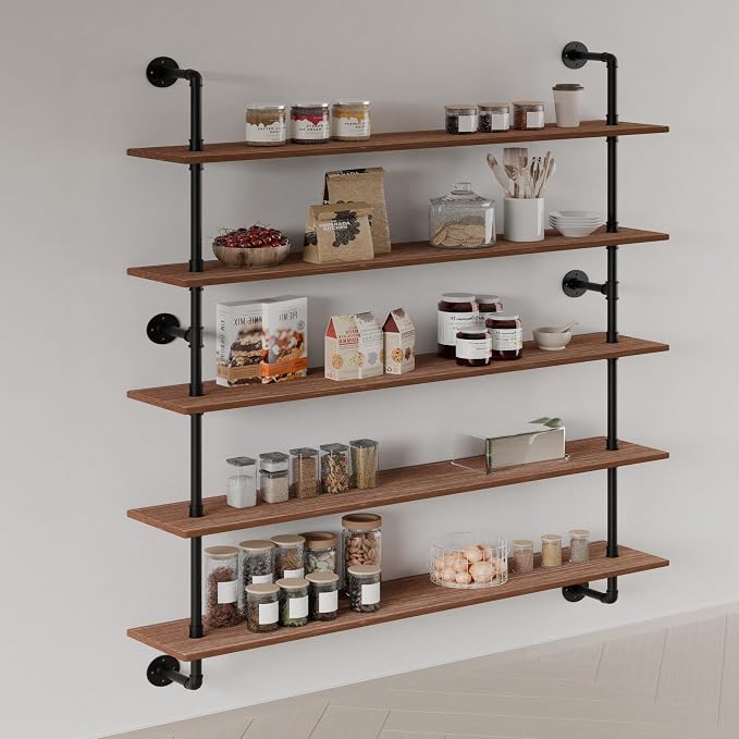 HDDFER Floating Shelves for Wall Bookshelf Industrial Pipe Shelving Shelves 48 Inch 5 Tier Natural Wood Planks Rustic Wall Shelves Hanging Bookshelves Farmhouse Kitchen Shelving