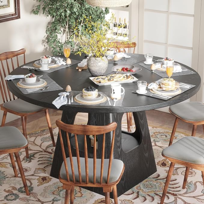 KEIKI 47" Round Dining Table for 4-6, Mid Century Modern Kitchen Table with Storage Base, Wooden Corner Dinner Desk for Living Room Breakfast Nook Restaurant, Easy Assembly, Black