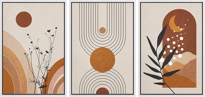 wall26 Framed Canvas Print Wall Art Set Boho Mid-Century Geometric Forest Plant Planets Nature Abstract Illustrations Modern Art Bohemian Decorative for Living Room, Bedroom, Office - 16"x24"x3 White