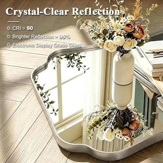 ANDY STAR 24"x30" Brushed Nickel Mirror, Scalloped Bathroom Wall Mirror with Metal Frame for Vanity, Vintage Notched Edges Design Ideal for Entryway, Living Room & Bedroom Decor