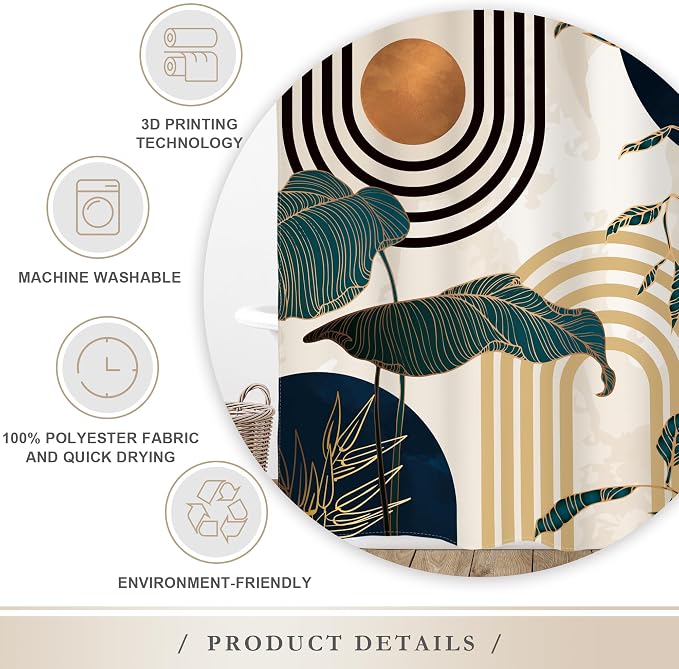 Glawry Blue Abstract Mid Century Shower Curtain Boho Retro Tropical Palm Tree Sun Arch Modern Bathroom Aesthetic Geometric 60Wx72L Inches Bath Accessories Art Home Decor Fabric 12 Pack Hooks
