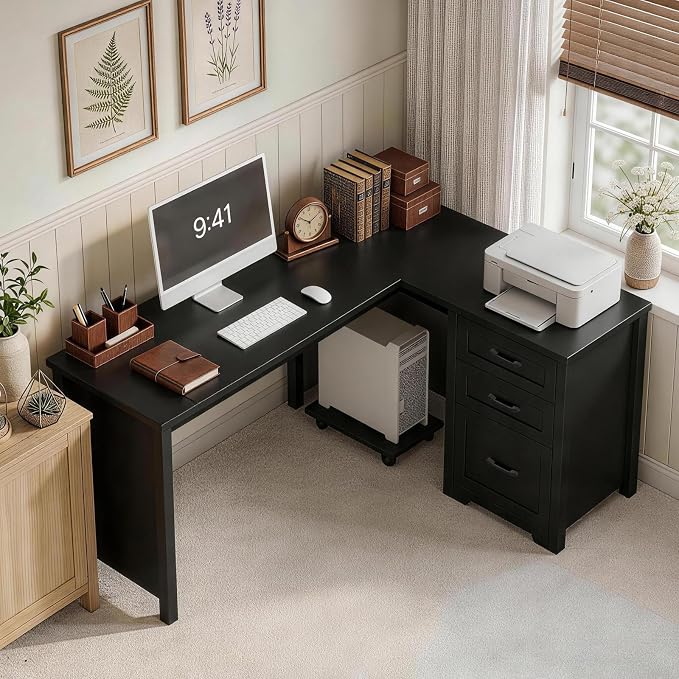 Vabches 61”Farmhouse L Shaped Executive Desk with File Drawers, Corner Computer Desk with Mobile CPU Stand, Wood Writing Computer Desk for Work, Study.Pure Black