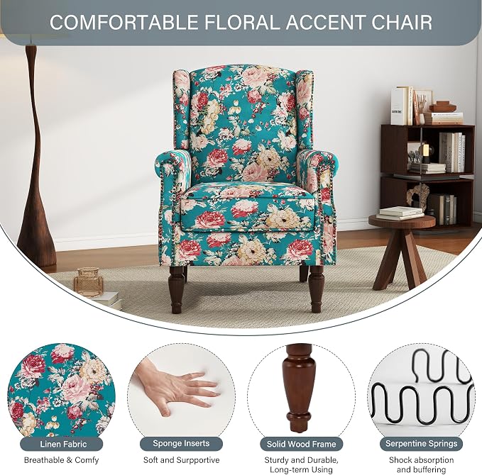High Back Floral Accent Chair, Upholstered Armchair in Fabric, Retro Printed Wingback Arm Chair for Living Room, Nailhead Trim Single Sofa Bedroom Reading Seat - Peacock Blue
