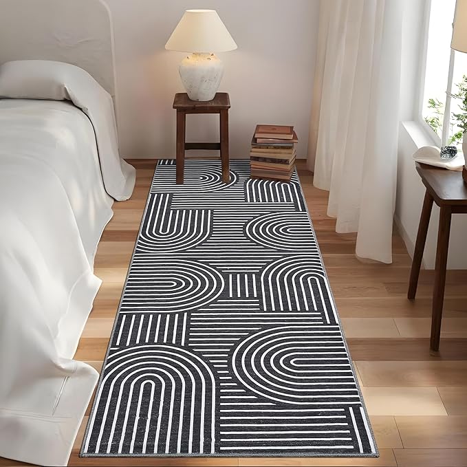 Modern Rug 2.5x8 Runners for Hallways, Abstract Kitchen Runner Rugs Non Slip Bath Runners, Rainbow Washable Runner Rug for Bedroom, Soft Long Rugs for Entryway Bathroom Laundry Dorm, Black