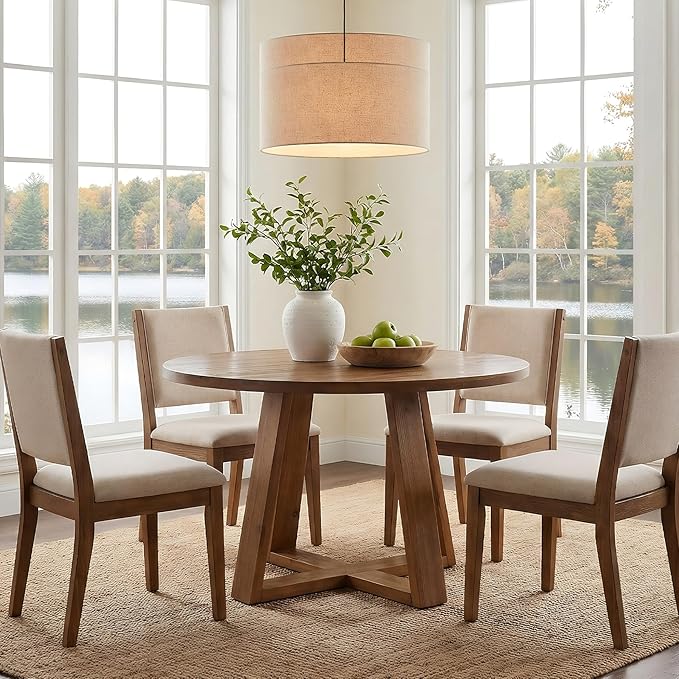 47.2" Solid Wood Dining Table, Farmhouse Round Kitchen Table for 4, Rustic Circle Tables with Sturdy Trestle Base for Dining Room & Kitchen, Warm Oak Finish