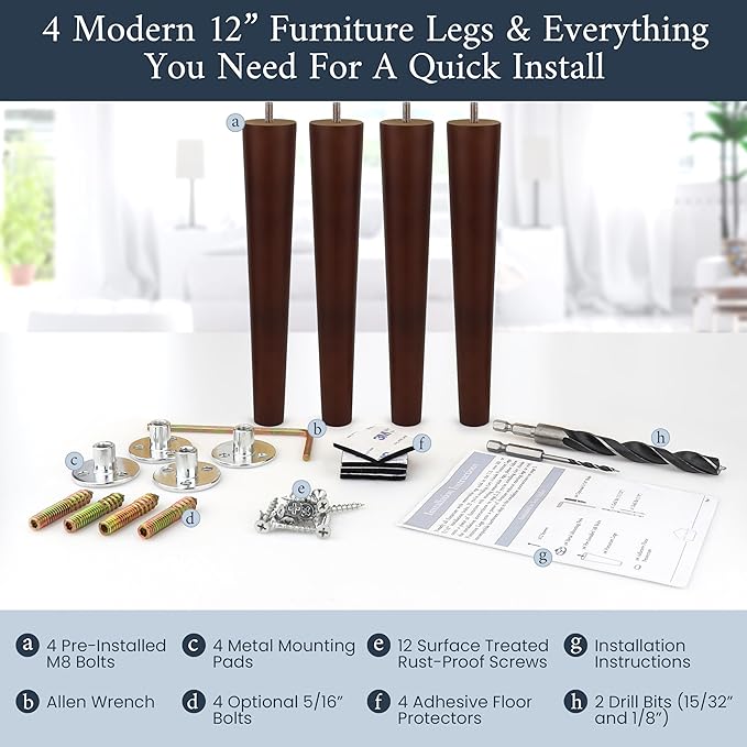 Premium Walnut Wood Furniture Legs (Full Install Kit) - Pick Your Size and Color