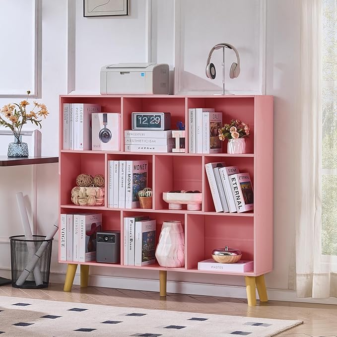LEYAOYAO 10 Cube Bookshelf,3 Tier Modern Wide Bookcase with Legs,Mid-Century Wood Bookshelves Storage，Light Pink Large Book Case,Freestanding Organizer Display Shelf for Bedroom,Living Room,Office