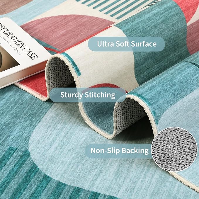 Area Rugs for Living Room, Boho Geometric Washable Rug for Bedroom Entryway Soft Low Pile Non-Slip Indoor Rugs for Dining Room Dorm Playroom, Blue Multi, 5'x7'