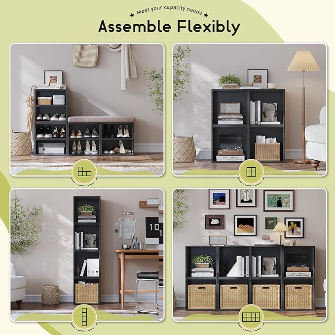 Homkdom 2 Cube Bookshelf Organizer, DIY Wooden Open Book Shelf with Anti-Tip Design, Cube Storage Shelf Organizer for Bedroom, Office, Dorm, Black