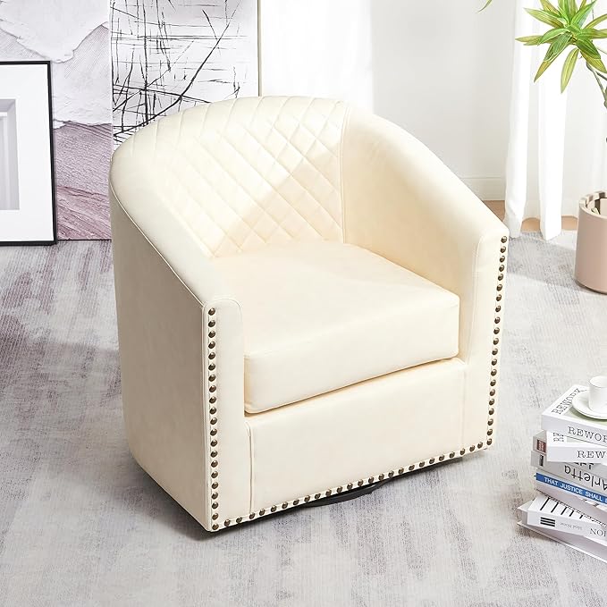 KINWELL 29" Wide Tufted Faux Leather Swivel Barrel Chair, PU Leather Modern Upholstered Accent Chairs with Nailhead Trim, Small Armchair for Living Room Bedroom, Cream