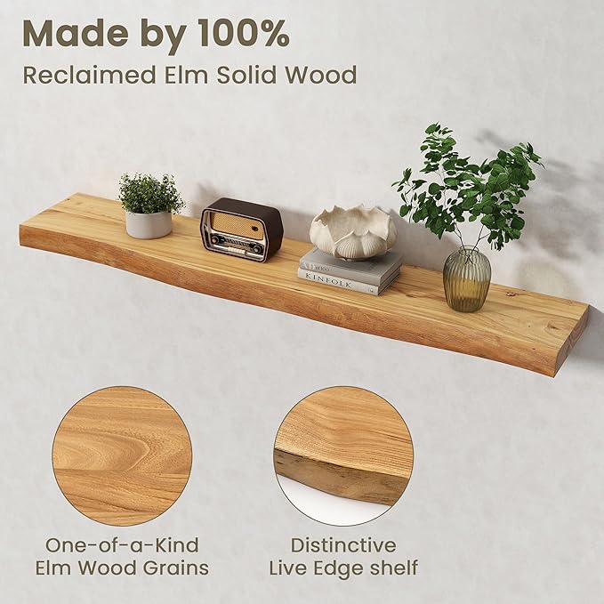 Fun Memories Floating Shelves for Wall Decor Set of 1-48 Inch Solid Elm Wood Live Edge - Rustic Natural Wall Shelves with Invisible Brackets - for Living Room, Bedroom, Kitchen - Natural Finish